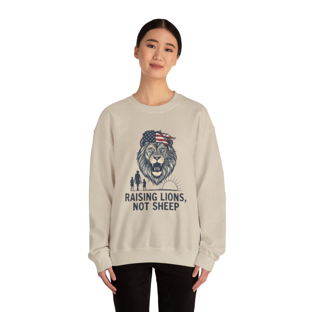 Crewneck Sweatshirt — Raising Lions Not Sheep Patriotic Lion Family Graphic