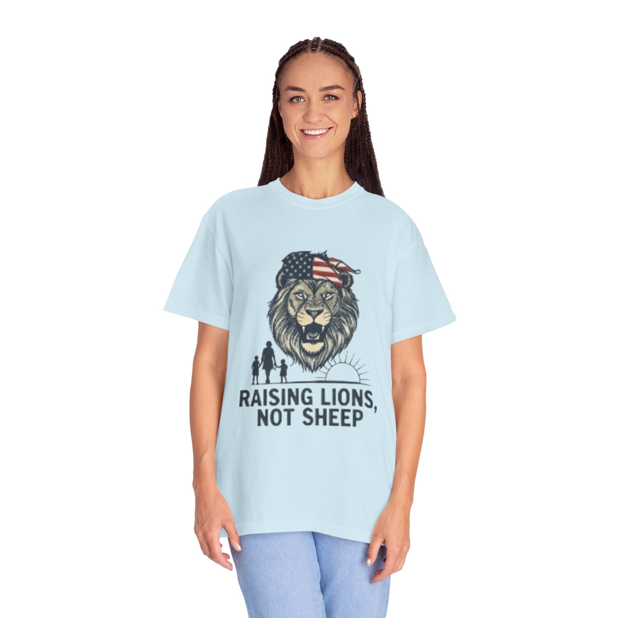 Raising Lions Not Sheep T-Shirt — Patriotic Lion Family Tee