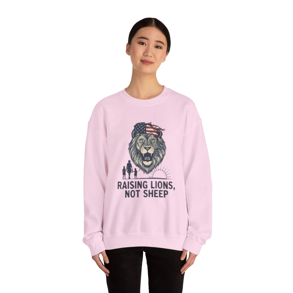 Crewneck Sweatshirt — Raising Lions Not Sheep Patriotic Lion Family Graphic