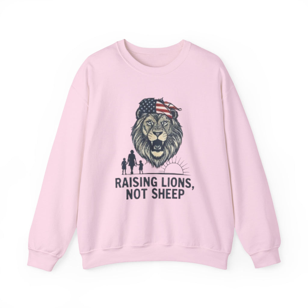 Crewneck Sweatshirt — Raising Lions Not Sheep Patriotic Lion Family Graphic