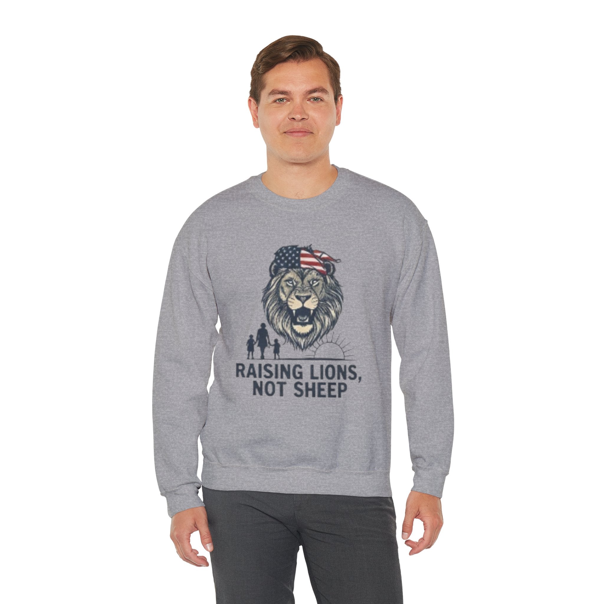Crewneck Sweatshirt — Raising Lions Not Sheep Patriotic Lion Family Graphic