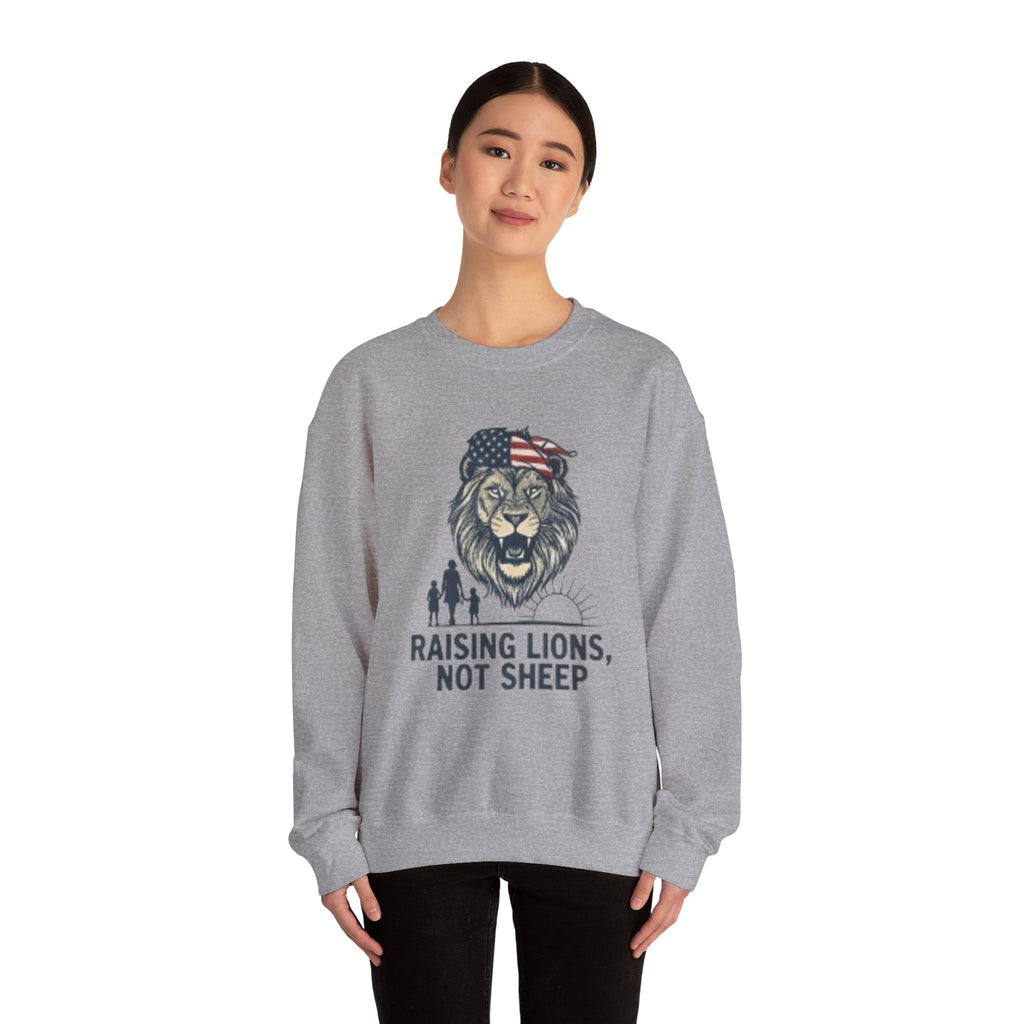 Crewneck Sweatshirt — Raising Lions Not Sheep Patriotic Lion Family Graphic