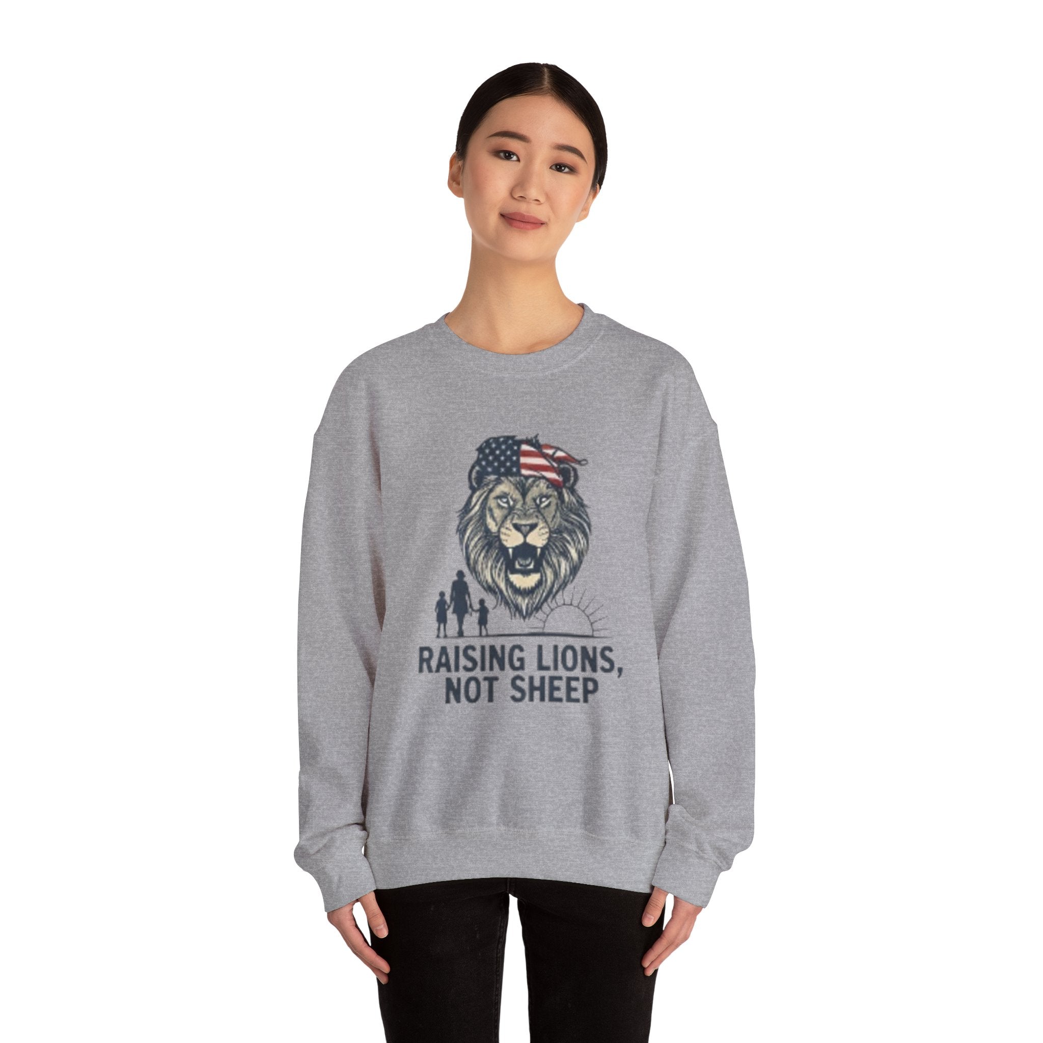 Crewneck Sweatshirt — Raising Lions Not Sheep Patriotic Lion Family Graphic